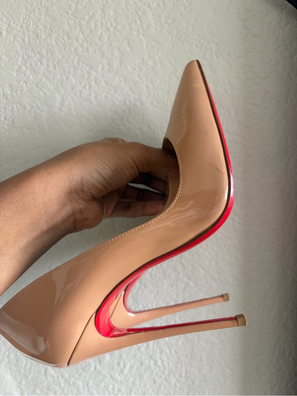 Christian Louboutin Nude Patent Pointed-Toe Stiletto Pumps with Red Soles